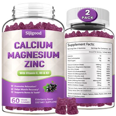 2 Pack Calcium Magnesium Zinc Gummies with Vitamin C D3 K2, Calcium Gummies for Bone, Muscle, Calm Zzz Support, High Absorption Formula with Magnesium Zinc Potassium, Elderberry Flavored 120 Cts