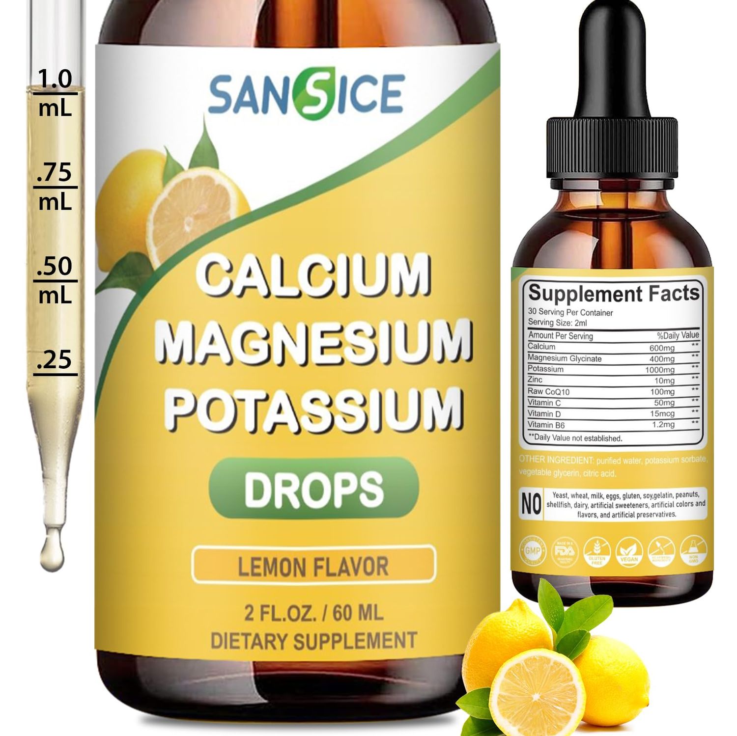 SANSICE Calcium Magnesium Potassium Liquid Drops, 400mg Magnesium Glycinate, 600mg Calcium Potassium Magnesium Drop Supplement with Vitamin D and Zinc (60mlLemon Flavor)