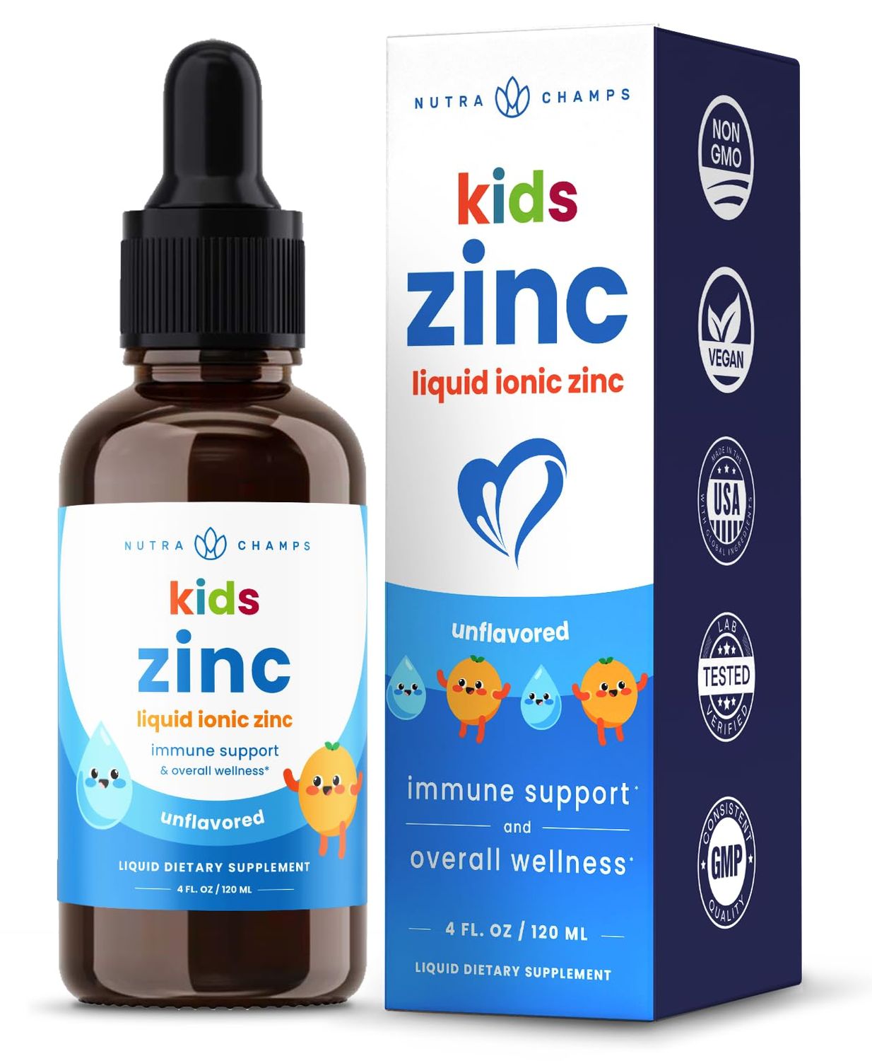 NutraChamps Liquid Zinc Drops for Kids, Ionic Zinc Drops Enhanced with Vitamin C for Children, Sugar-Free Zinc Liquid 4 oz, Vegan Non-GMO, Tangerine, 60 Servings, 2 Month Supply