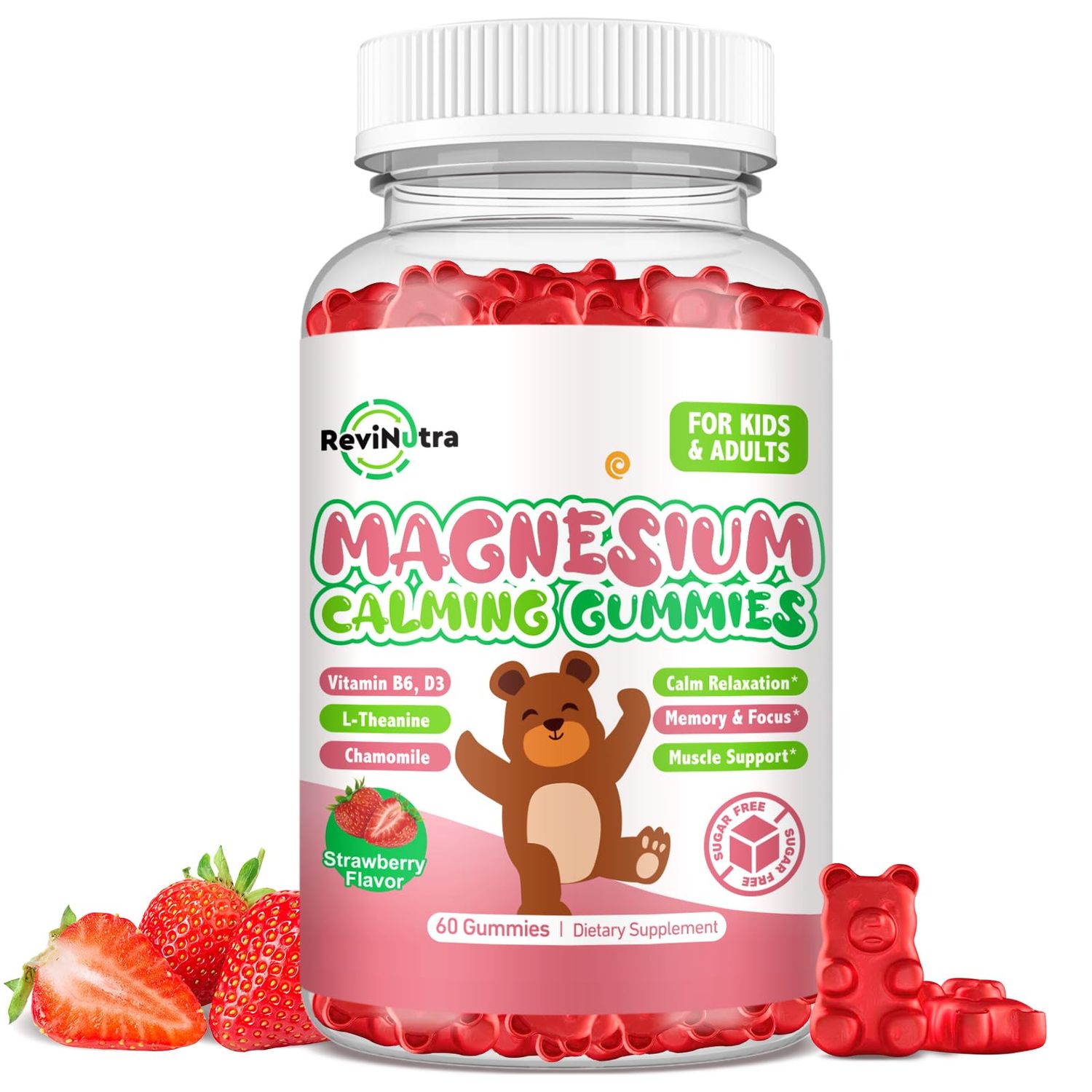 Magnesium Gummies for Kids - Magnesium Glycinate, L-Threonate Supplement with L-Theanine, Vitamin B6, D3 for Adults Kids Sleep, Calm, Relaxation, Brain, Bones, Sugar Free Strawberry 60ct