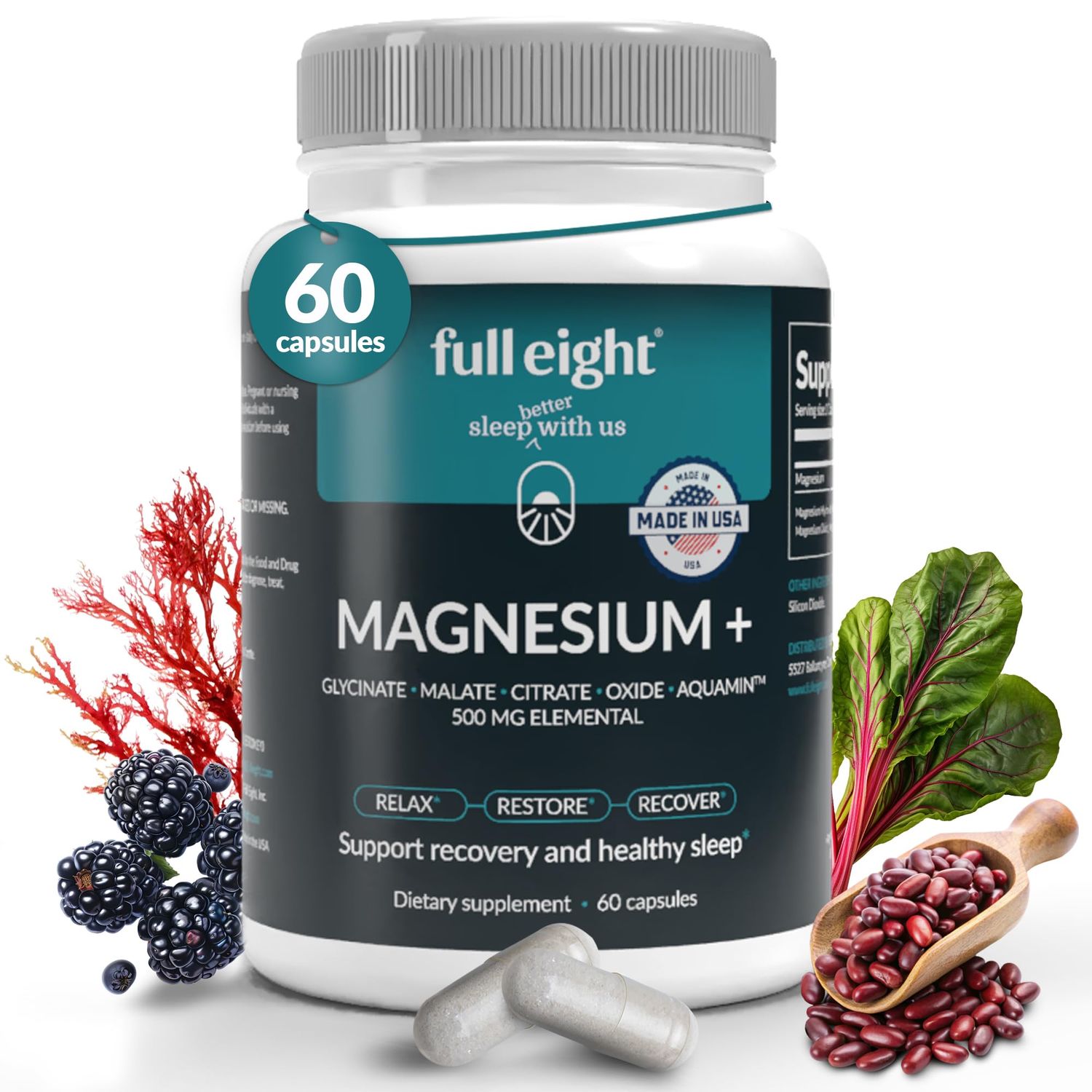 Magnesium Glycinate Complex 500MG Elemental - High Potency Magnesium Mineral Supplement for Sleep, Muscle Function, and Calmness - Includes Malate, Citrate, Oxide - Support Restful Sleep - 60 Caps