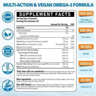 Vegan Omega 3 Supplement Gummies 1100m for Adults- Omega 3 DHA 680mg EPA 340mg with Turmeric, Vitamin C, E, D3, Zinc
