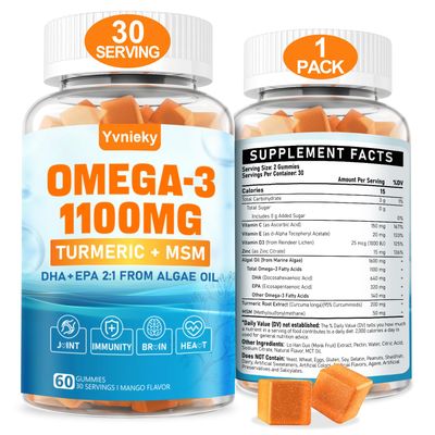 Vegan Omega 3 Supplement Gummies 1100m for Adults- Omega 3 DHA 680mg EPA 340mg with Turmeric, Vitamin C, E, D3, Zinc