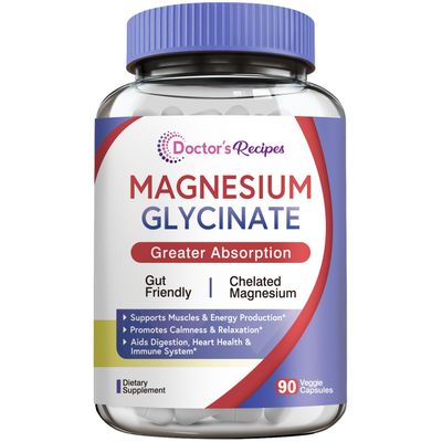 Doctor&#39;s Recipes Magnesium Glycinate Supplement, Amino Acid Chelated, Non Buffered, High Absorption, Easy on Stomach, Support Calm, Bone, Muscle, Heart, Energy, Nerve, 90 Vegan Capsules