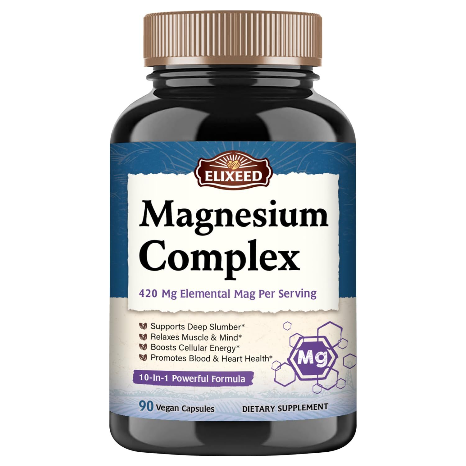 Elixeed Magnesium Complex, 420mg Elemental Mag Per Serving, 10 Forms, High Absorption Mag Glycinate, Citrate, Malate, Taurate, Sleep, Muscle, Energy, 90 Vegan Caps