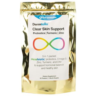 DrFormulas Dermtella Clear Skin Support Packs Pills with Zinc, Probiotics DIM Supplements for Women, Teens Men with Nexabiotic Probiotics, Turmeric, Fish Oil, 1 Month Supply