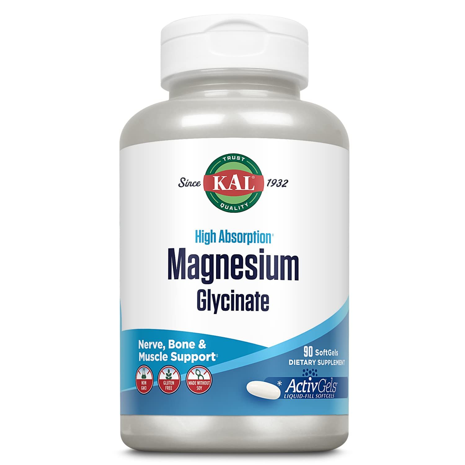 KAL Magnesium Glycinate ActivGels 315mg, High Absorption Magnesium Supplement for Muscle, Nerve Bone Health Support, Non-GMO, Gluten Free, 30 Servings, 90 Softgels