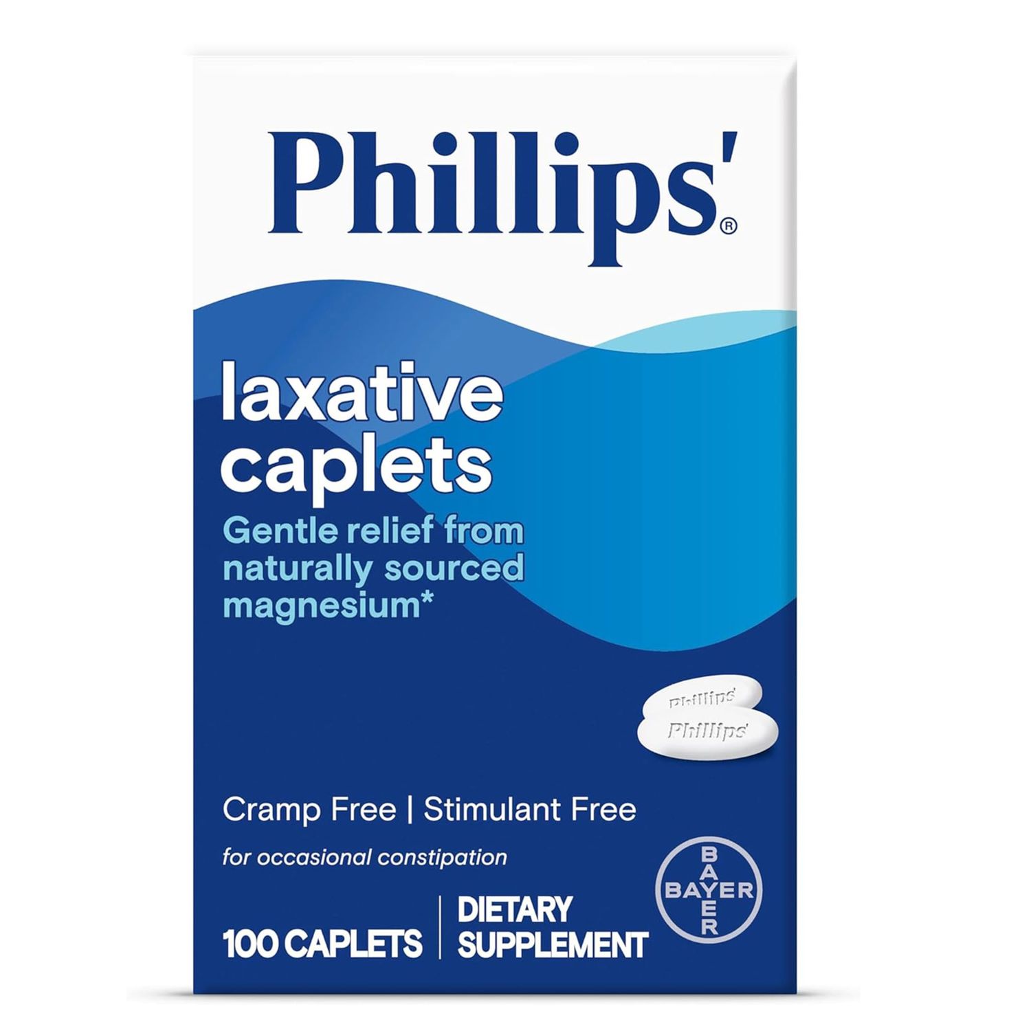 Phillips&#39; Laxative Caplets, With Naturally Sourced Magnesium Supplement for Gentle Relief of Occasional Constipation, Cramp and Stimulant Free Laxatives, 100 Caplets