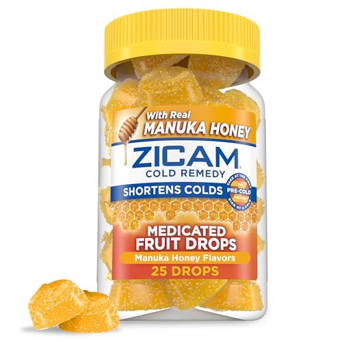 Zicam Cold Remedy Zinc Medicated Fruit Drops, Manuka Honey Flavor, Homeopathic, Cold Shortening Medicine, Shortens Cold Duration, 25 Count