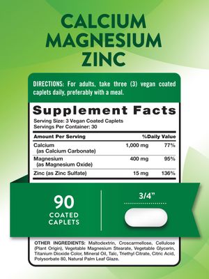 Nature's Truth Calcium Magnesium Zinc 90 Coated Caplets Vegan, Non-GMO, and Gluten Free Supplement