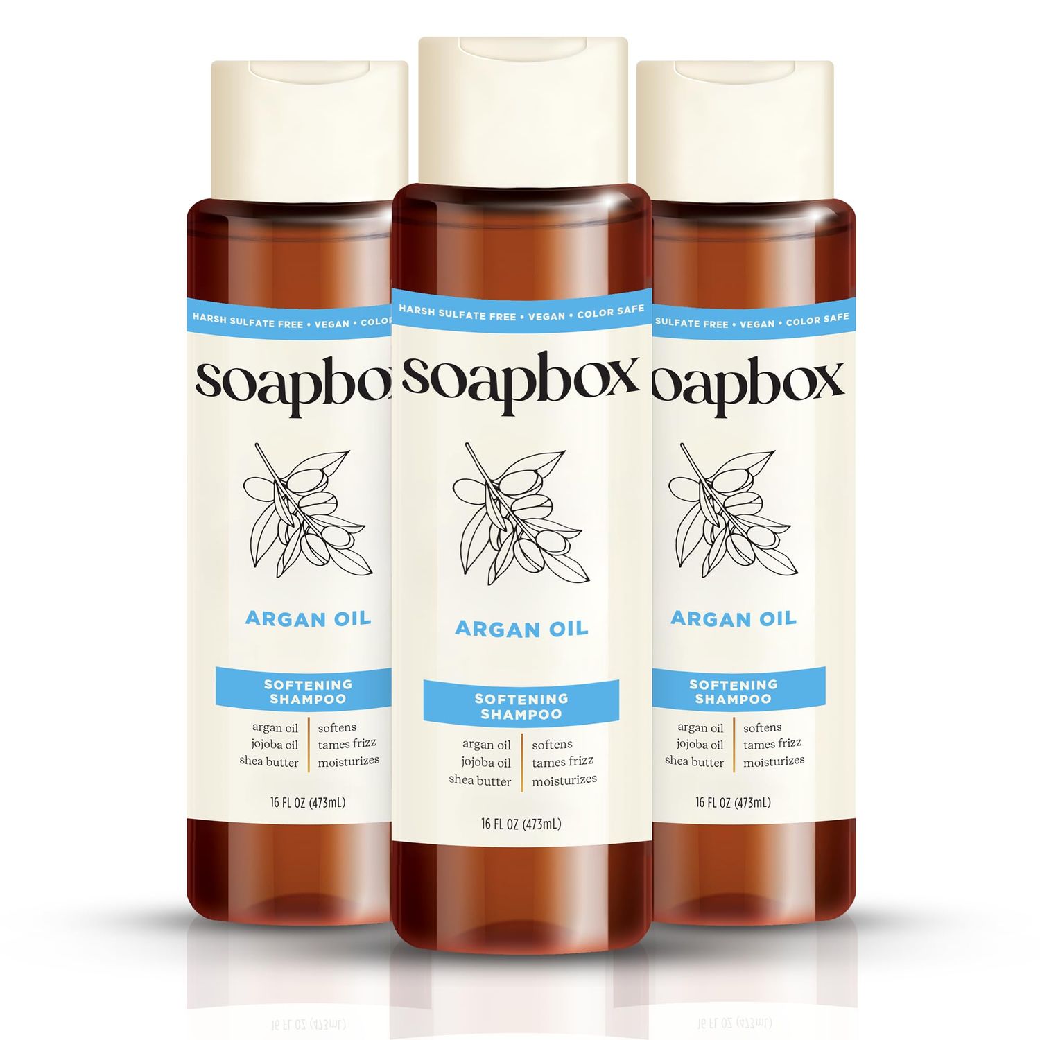 Soapbox Shampoo, Vegan Cruelty Free Hydrating Shampoo with Argan Oil with Shea Butter, Color Safe, Paraben and Harsh Sulfate Free All Natural Hair Cleanser, 16oz (Pack of 3)