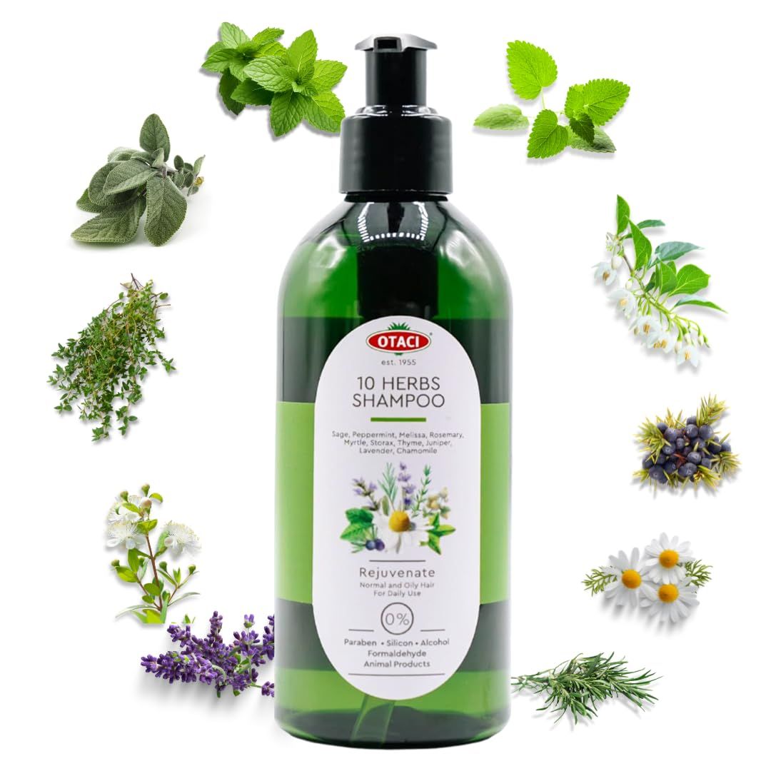 OTACI 10 Herbs Rejuvenate Shampoo for Bright and Shiny Hair, Sage, Peppermint, Melissa, Rosemary, Myrtle, Storax, Thyme, Juniper, Lavender, Chamomile, No Paraben Silicon, Herbal Shampoo Normal Hair