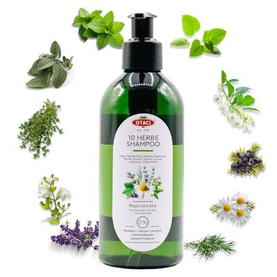 OTACI 10 Herbs Rejuvenate Shampoo for Bright and Shiny Hair, Sage, Peppermint, Melissa, Rosemary, Myrtle, Storax, Thyme, Juniper, Lavender, Chamomile, No Paraben Silicon, Herbal Shampoo Normal Hair