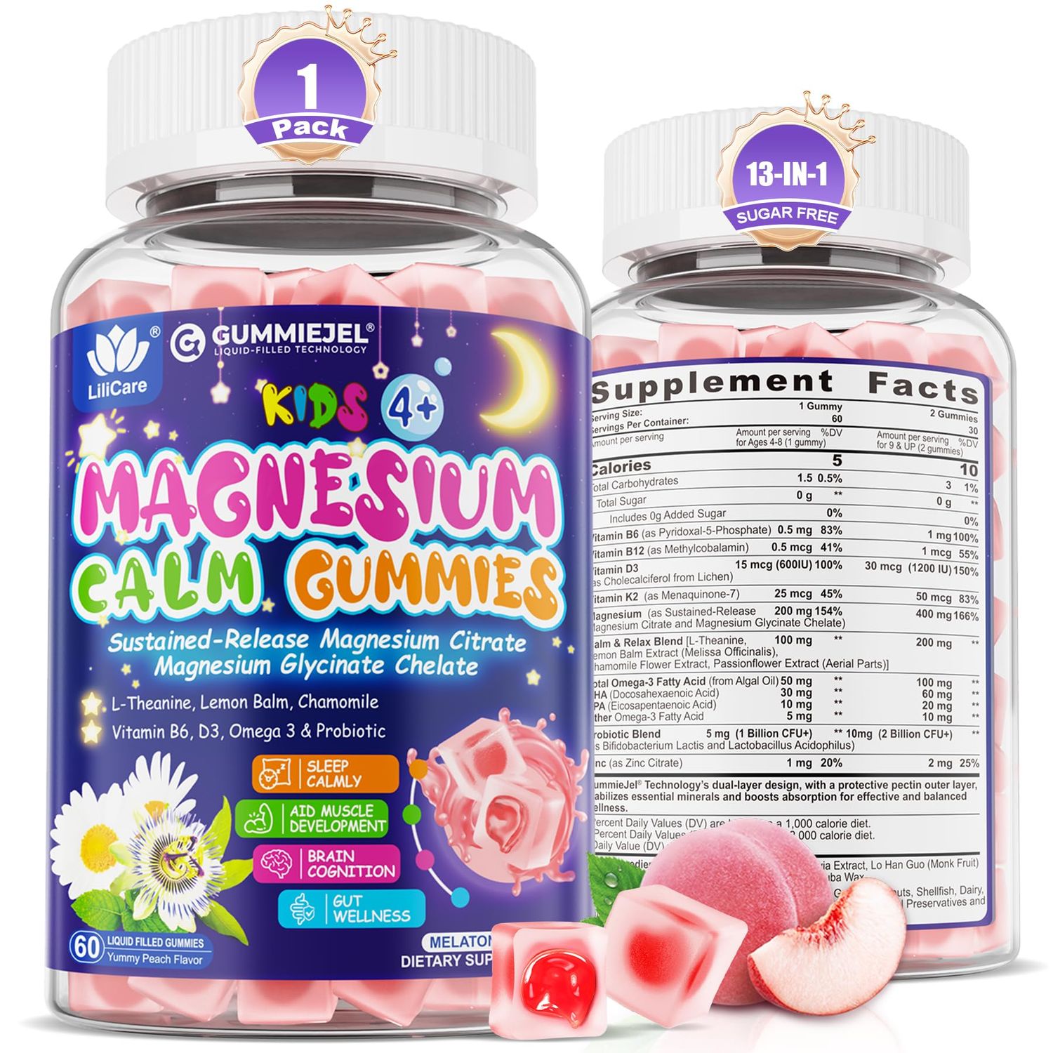 Magnesium Glycinate Gummies for Kids 4 Magnesium Citrate, Melatonin Free-Kids Magnesium Supplement wL-Theanine, Omega 3, D3 K2, B6 B12, for Zzz, Relaxation, Muscle, Brain Gut, Sugar Free 60 Cts