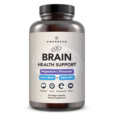 AMANDEAN Brain Health Supplement. Magnesium L-Threonate (Magtein), Lion&#39;s Mane Mushroom Extract, Alpha GPC Choline Complex. Nootropic Cognitive Support for Memory, Focus, Clarity. 90 Veggie Capsules.