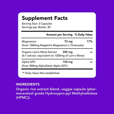 AMANDEAN Brain Health Supplement. Magnesium L-Threonate (Magtein), Lion's Mane Mushroom Extract, Alpha GPC Choline Complex. Nootropic Cognitive Support for Memory, Focus, Clarity. 90 Veggie Capsules.