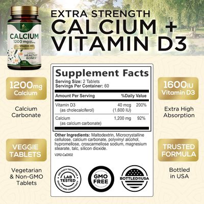 Calcium 1200 mg with Vitamin D3, Calcium Supplement Vitamins, Supports Bone Strength, Teeth Immune System, Calcium Supplements for Women Men, Nature's Absorbable Calcium Carbonate - 120 Tablets