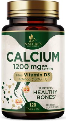Calcium 1200 mg with Vitamin D3, Calcium Supplement Vitamins, Supports Bone Strength, Teeth Immune System, Calcium Supplements for Women Men, Nature&#39;s Absorbable Calcium Carbonate - 120 Tablets