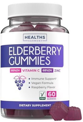 Elderberry Gummies for Adults with Vitamin C Zinc (1 Months Supply) 60 Delicious Raspberry Flavor Gummy - Immune Support Supplement for Adults - Vegetarian Sambucus Elderberry Gummies (No Pills)
