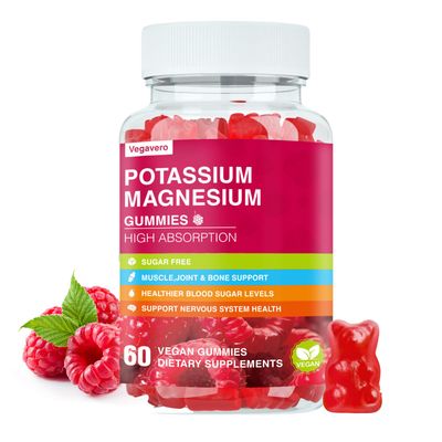 Potassium Magnesium Gummies - Magnesium Glycinate Gummies Potassium Citrate Plus Omega 3, B6, D3, K2 Calcium for Zzz, Leg Cramps Muscle - 60 Raspberry Gummies