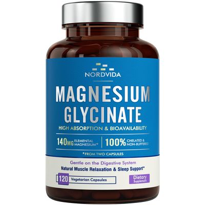 NordVida Magnesium Glycinate, 140 mg Elemental Magnesium Per Serving, Non Buffered, Max Absorption, Muscle Function, Nerve Health Relaxation Support, 120 Vegetarian Caps