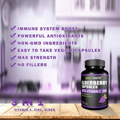 ECO-TASTE Elderberry Capsules with Zinc Vitamin C - 120 Capsules, Sambucus Elderberries for Immune Support, Skin Health - Veggie Caps