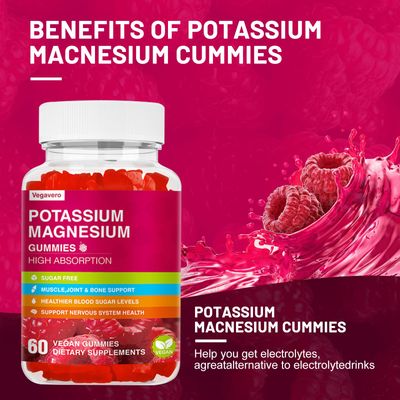 Potassium Magnesium Gummies - Magnesium Glycinate Gummies Potassium Citrate Plus Omega 3, B6, D3, K2 Calcium for Zzz, Leg Cramps Muscle - 60 Raspberry Gummies