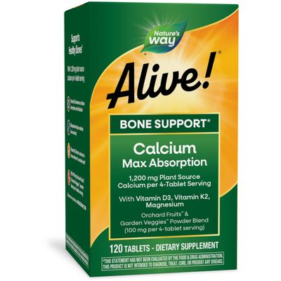 Nature&#39;s Way Alive! Calcium Max Absorption, Bone Support, Plant Source Calcium, Vitamin D3 K2, Magnesium, 120 Tablets (Packaging May Vary)