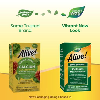 Nature's Way Alive! Calcium Max Absorption, Bone Support, Plant Source Calcium, Vitamin D3 K2, Magnesium, 120 Tablets (Packaging May Vary)