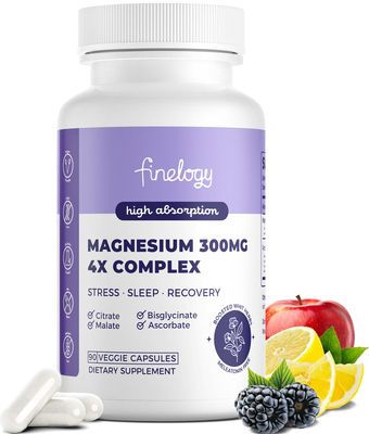 Finelogy 4X Magnesium Complex - 300mg Magnesium Supplement with Chelated Glycinate, Citrate, Malate Ascorbate, High Absorption for Stress, Sleep, Muscle Bone Health, 90 Capsules