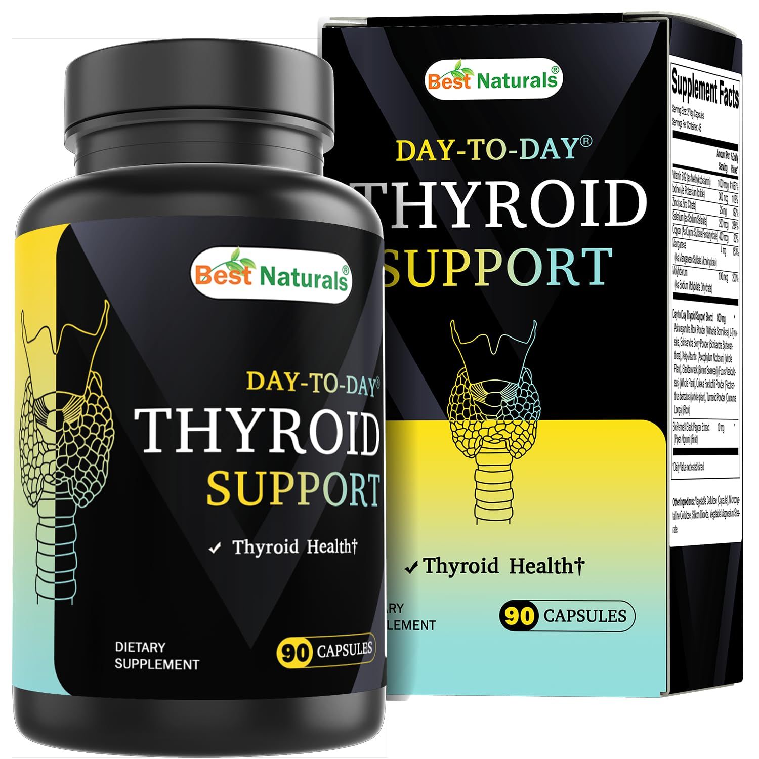 Best Naturals Thyroid Support Supplement, 90 Vegetable Capsules, Made with Iodine, Zinc, B12, Ashwagandha, L-Tyrosine and BioPerine