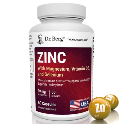 Dr. Berg Zinc 30mg Enhanced with Magnesium, Vitamin D3, Selenium, Copper - Zinc Supplements for Men Women - Chelated Zinc for Immune, Skin, Hair, Nails Support - 60 Capsules