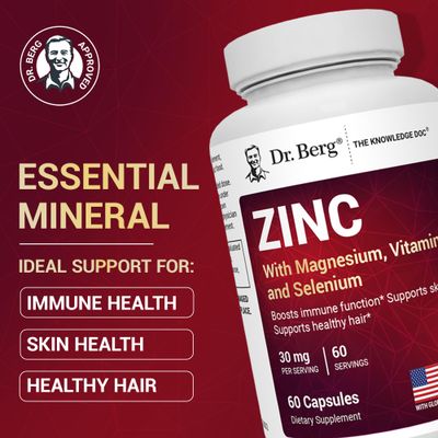 Dr. Berg Zinc 30mg Enhanced with Magnesium, Vitamin D3, Selenium, Copper - Zinc Supplements for Men Women - Chelated Zinc for Immune, Skin, Hair, Nails Support - 60 Capsules