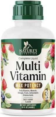 Liquid Multivitamin, Sugar Free Multi Vitamin for Women Men Kids, Vitamins A, C, D, B-12, Biotin Zinc for Beauty, Skin Care, Thicker Hair Growth Wrinkles, Non-GMO, Vegan, Berry Flavor, 15 Fl Oz