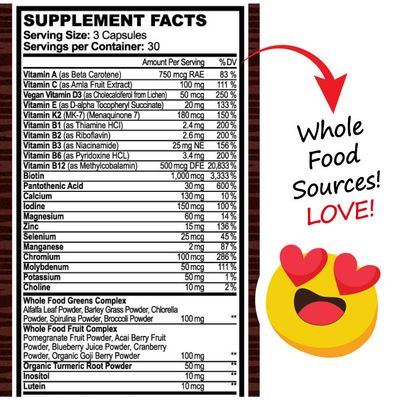 Whole Food Multivitamin Fruit Super Greens All-in-one Vitamin Complex, 90 Vegan Capsules - Daily Vitamin for Women and Men - Iron, Zinc, B12, Vitamin A, D3 and More