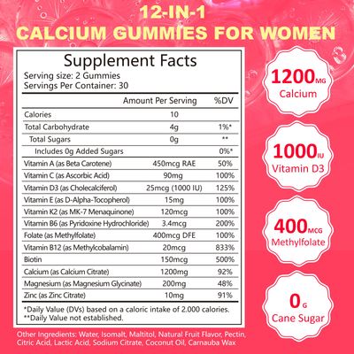 Whoyun Calcium Gummies for Women 1200 mg, Unique Formula with Folate, B6, B12, D3, Magnesium, Zinc, Calcium Citrate Chewable Supplement for Bone, Skin Health, 60 Count