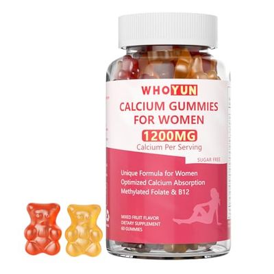 Whoyun Calcium Gummies for Women 1200 mg, Unique Formula with Folate, B6, B12, D3, Magnesium, Zinc, Calcium Citrate Chewable Supplement for Bone, Skin Health, 60 Count
