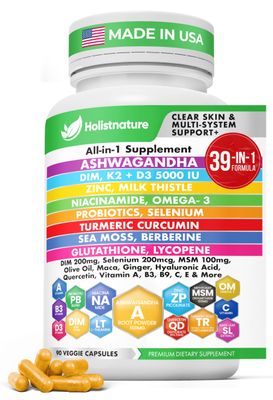 39-in-1 Skin, Gut Hormone Cortisol Support - with DIM, Zinc, Probiotics, Ashwagandha, Turmeric Antioxidants - Clinically-Backed Supplement for Women Men - Acne, Immune Detox - 90 Capsules