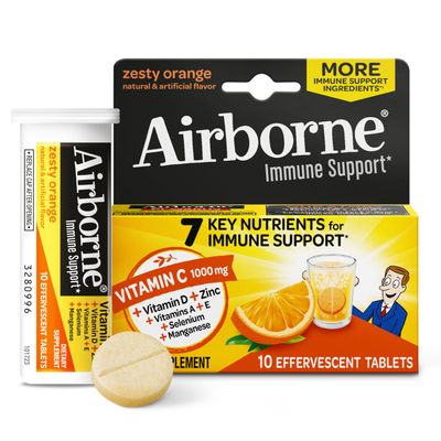 Airborne 1000mg Vitamin C with Zinc Effervescent Tablets, Immune Support Supplement with Powerful Antioxidants Vitamins A C E - 10 Fizzy Drink Tablets, Zesty Orange Flavor