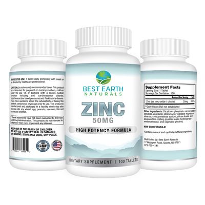 Best Earth Naturals 50 Mg Zinc Supplements - Immune Support Supplement - High Potency Natural Antioxidant - 100 Tablets (100 Day-Supply)