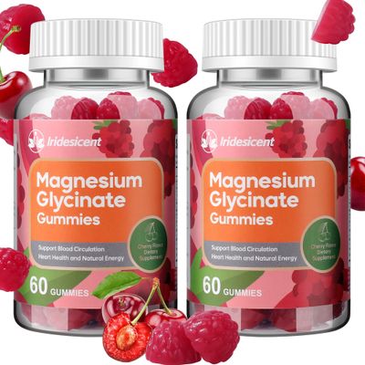 IRIDESICENT Magnesium Glycinate Gummies 400mg, Sugar Free Magnesium Supplement wAshwagandha, Zinc, Vegan Magnesium Glycinate Supplement for Adults - 120 Cherry Gummies
