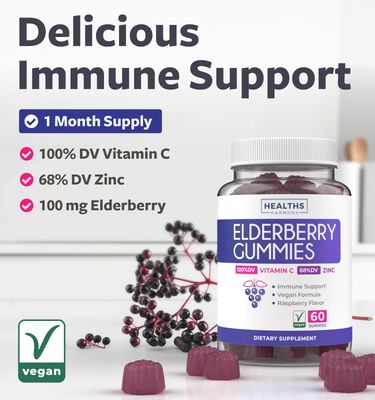Elderberry Gummies for Adults with Vitamin C Zinc (1 Months Supply) 60 Delicious Raspberry Flavor Gummy - Immune Support Supplement for Adults - Vegetarian Sambucus Elderberry Gummies (No Pills)