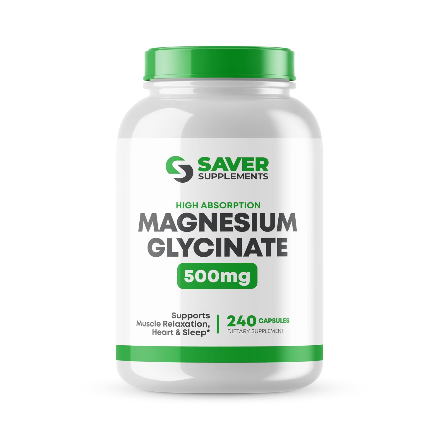 Saver Supplements Magnesium Glycinate 500mg - High Absorption, Chelated Magnesium Supplement for Muscle, Sleep, Heart, and Nerve Support - Non-GMO Gluten Free - 240 Capsules