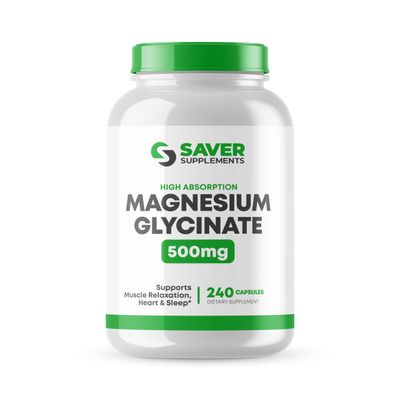 Saver Supplements Magnesium Glycinate 500mg - High Absorption, Chelated Magnesium Supplement for Muscle, Sleep, Heart, and Nerve Support - Non-GMO Gluten Free - 240 Capsules
