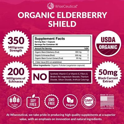 Max Strength USDA Organic Black Elderberry, Black Currant Extract Echinacea 3 in 1 Natural Immune Support Vitamin C Sugar-Free, Vegan-Friendly Homeopathic Remedy 60 Count