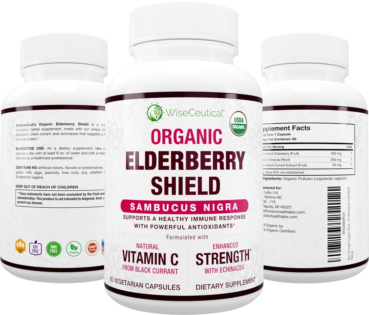 Max Strength USDA Organic Black Elderberry, Black Currant Extract Echinacea 3 in 1 Natural Immune Support Vitamin C Sugar-Free, Vegan-Friendly Homeopathic Remedy 60 Count