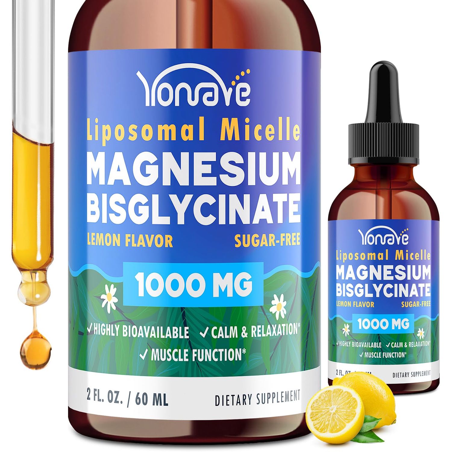 Magnesium Glycinate Supplement, Liposomal Magnesium Bisglycinate Drops 1000mg - High Absorption Magnesium Liquid Drops - Sleep, Calm, Bone Muscle - Gluten-Free, 2 Fl Oz