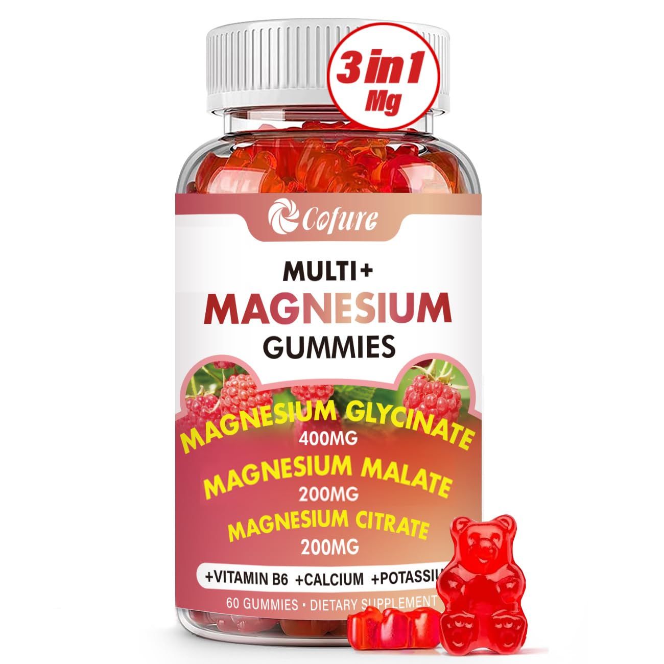 Triple Magnesium Complex 900 mg, Magnesium Glycinate, Citrate, Malate with Potassium, Calcium, Vitamin B6 for Calm Sleep - Vegan, Non-GMO, Gluten Free - 60 Raspberry Gummies for Adults