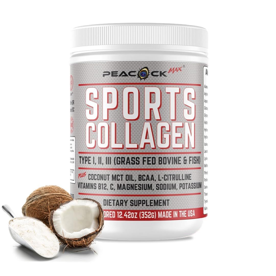 Peacock Max Sports Collagen Powder, 12.42 oz - Grass Fed Bovine Wild Fish Hydrolyzed Type I, II, III Multi Collagen Peptides, Unflavored Protein Powder with BCAA, Magnesium Electrolytes