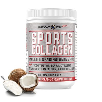 Peacock Max Sports Collagen Powder, 12.42 oz - Grass Fed Bovine Wild Fish Hydrolyzed Type I, II, III Multi Collagen Peptides, Unflavored Protein Powder with BCAA, Magnesium Electrolytes
